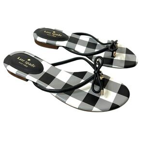 NEW Kate Spade Mistic Black Check Nappa Leather T-Strap Sandals Size 10